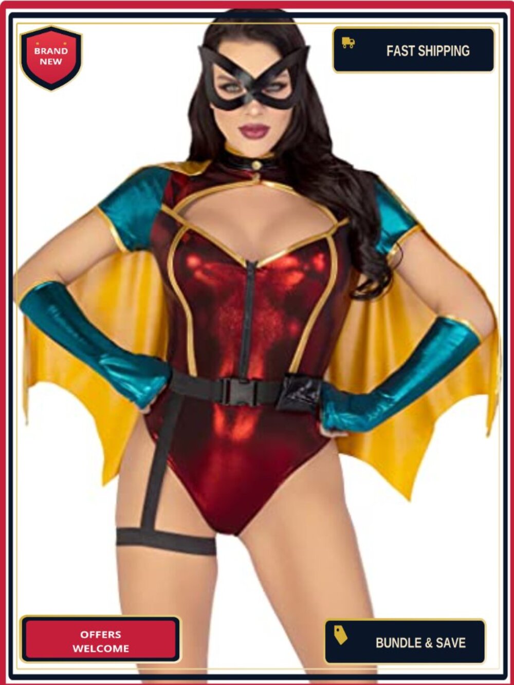 5 Piece Sultry Sidekick Superhero Costume with Detachable Cape